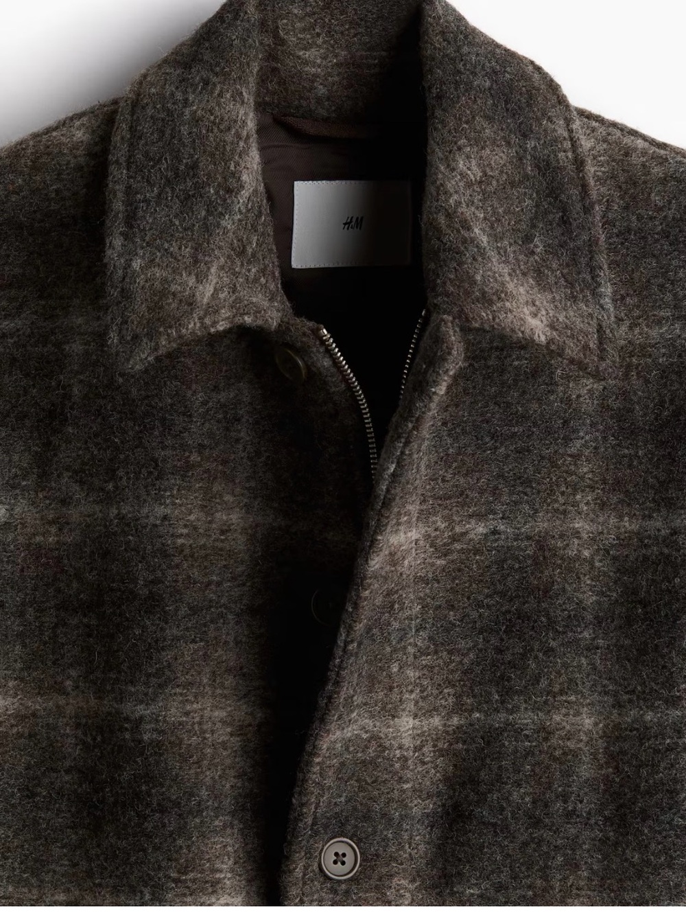 H&M Mens Large Brown White Check Wool Blend Jacket Regular Fit Plaid Shacket L - Picture 2 of 6